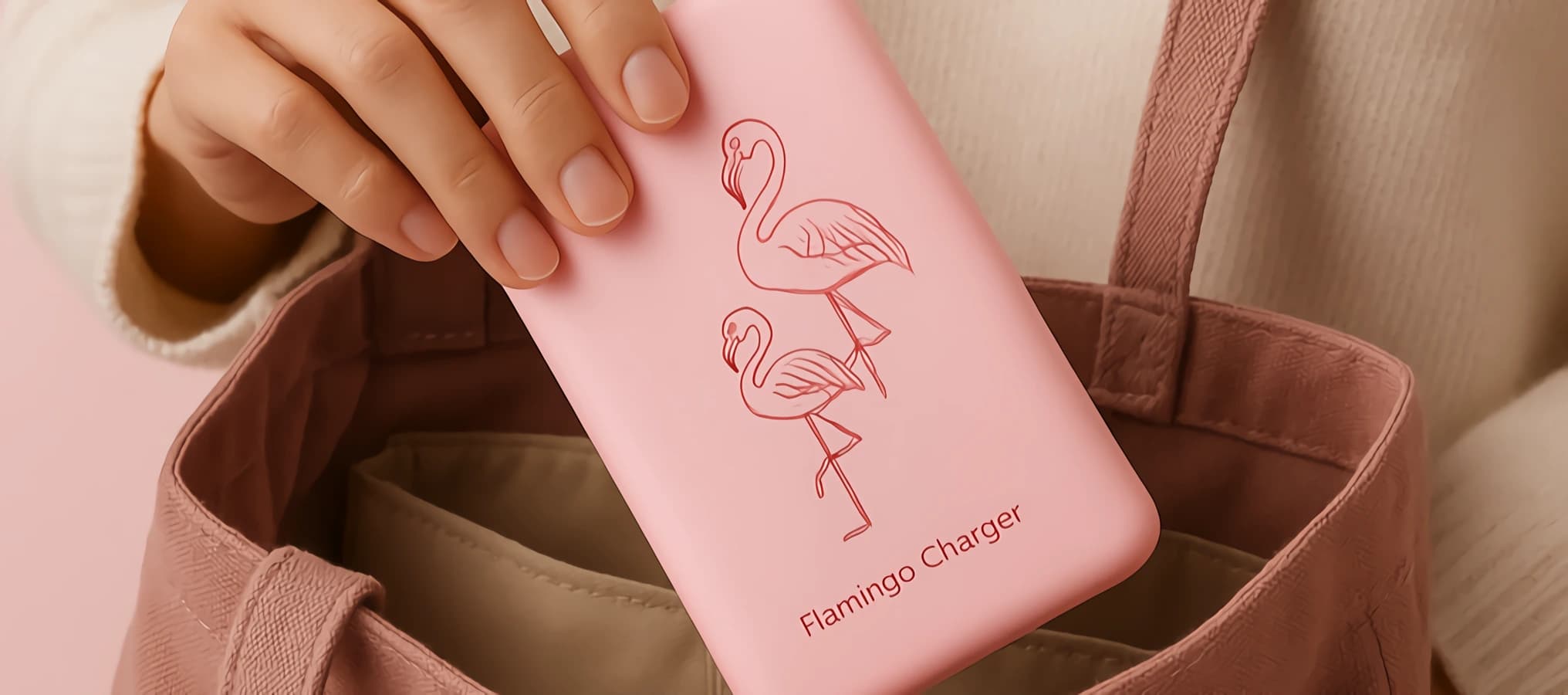 Person putting Flamingo Charger in their bag