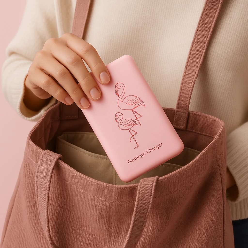 Person putting Flamingo Charger in their bag